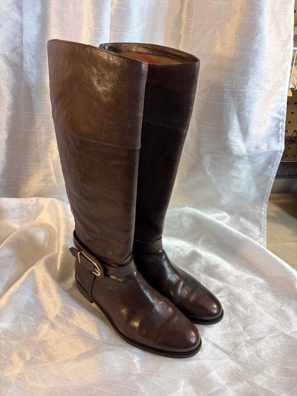 Burberry Equestrian Knight Riding Boots Brown Leather Size 39